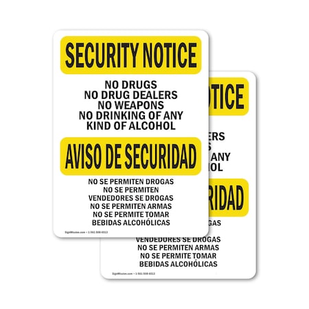 Signmission No Drugs Dealers Weapons Bilingual OSHA Security Notice Sign, Vinyl Decal, 5in W x 7in L, 2PK OS-2PACK-SN-D-57-L-11598